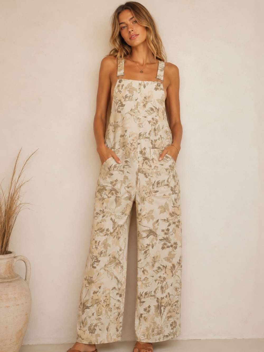 Zara Floral Beige Overalls Cotton Boho Botanical Relaxed Size Large